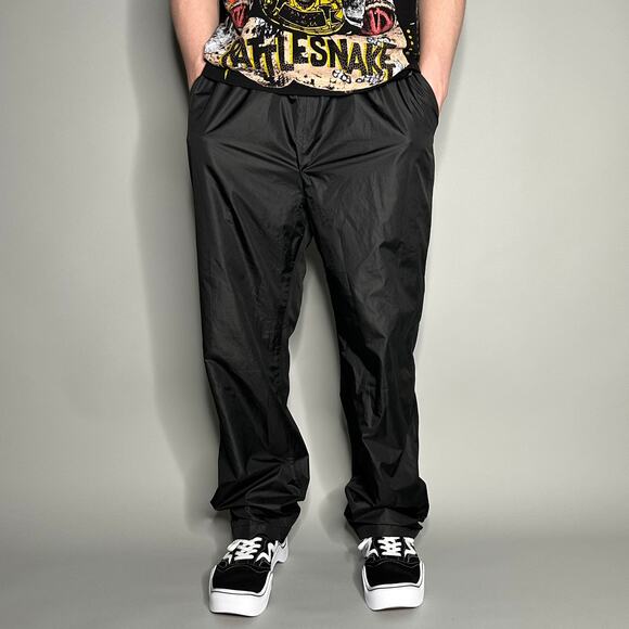 Vintage Y2K Swisswell Track Pants Mens L Baggy Wide Leg Fit Jet Black Polyester - Picture 2 of 4